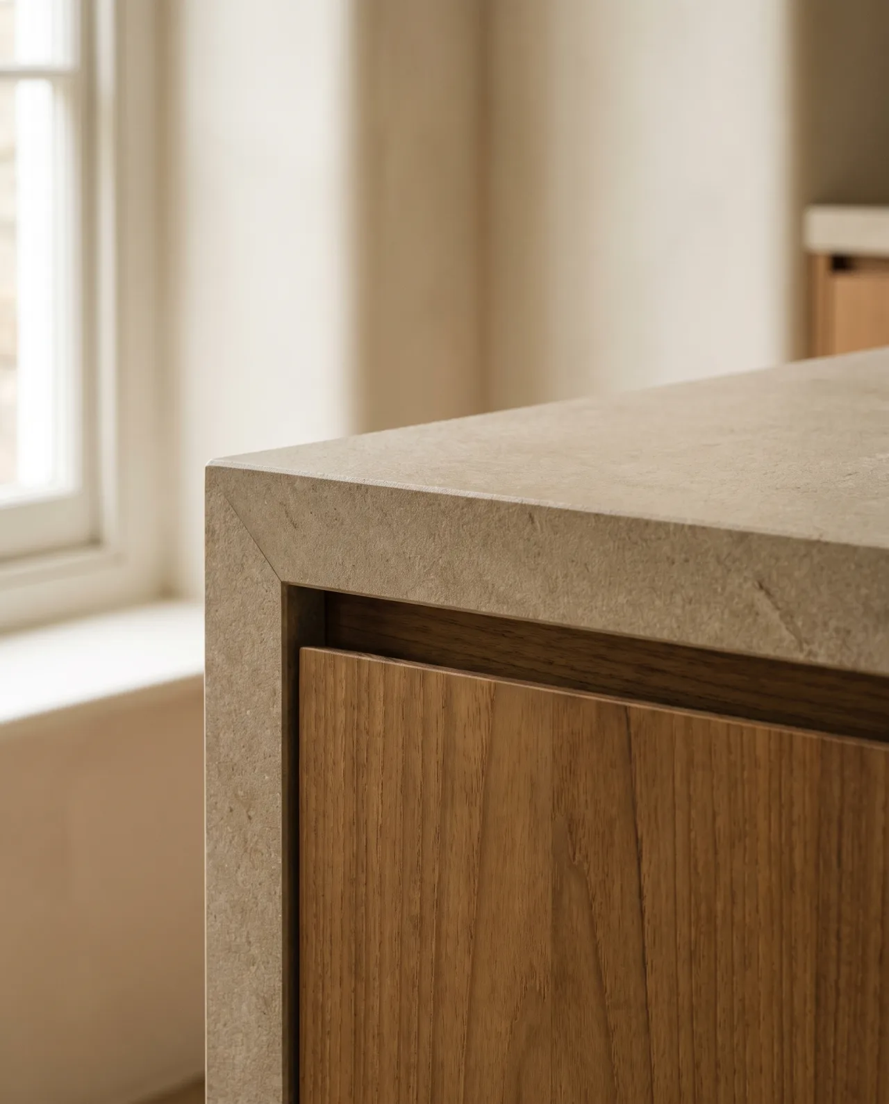 Close-up of a stone countertop meeting a teak cabinet front with a fine shadow gap