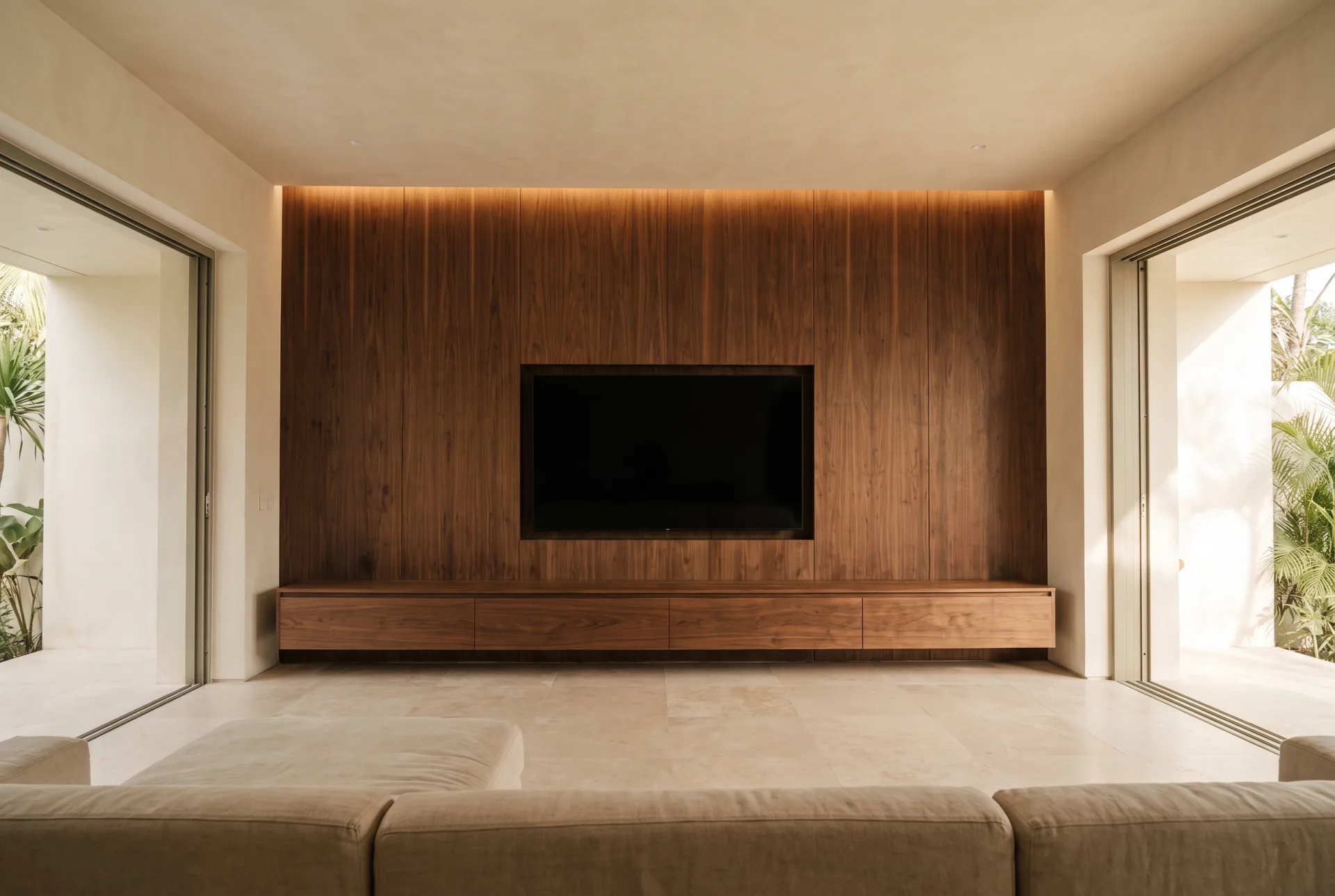 Custom TV wall concept with walnut panelling, recessed television and floating cabinet