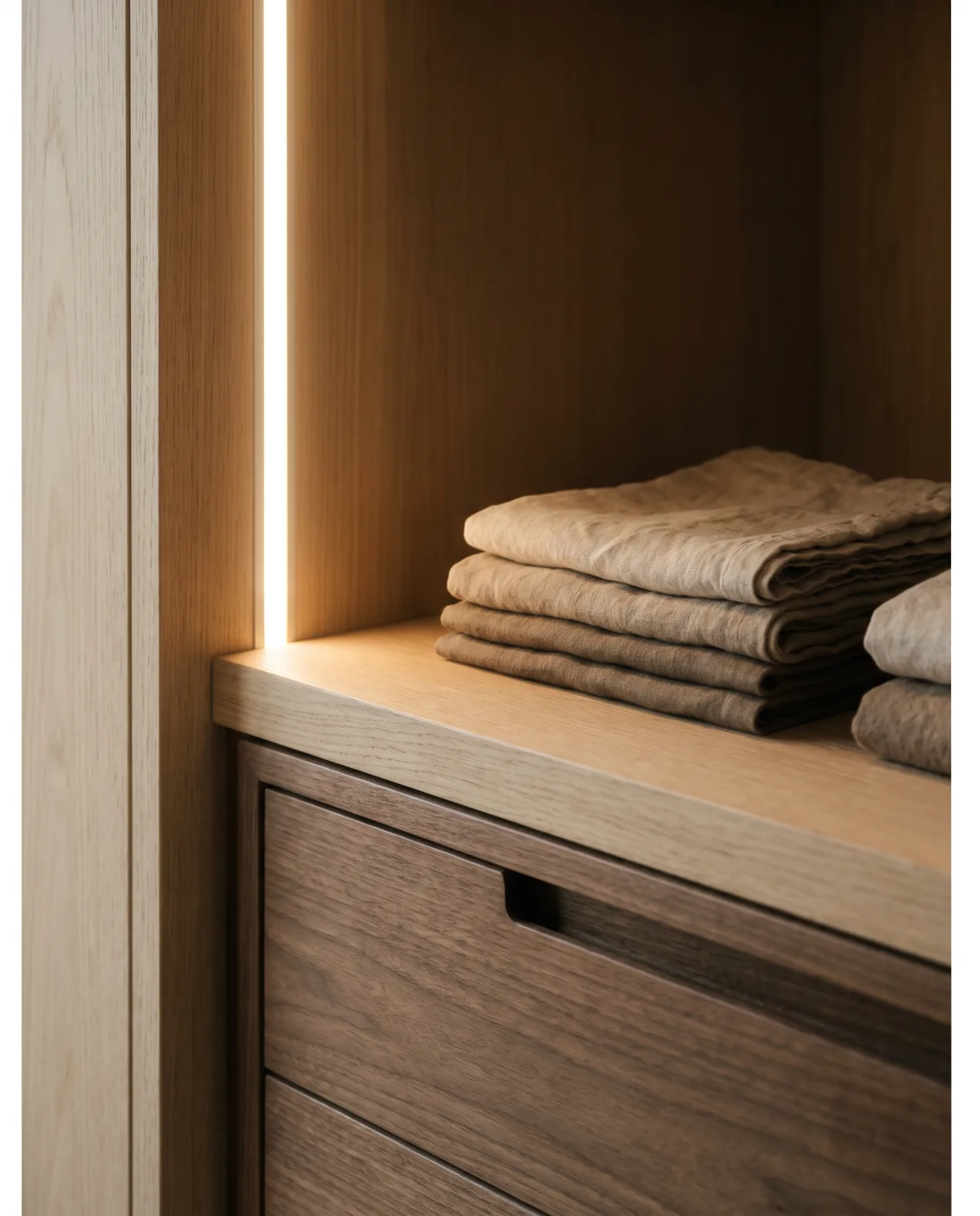 Wardrobe interior detail with integrated lighting, folded linen and a walnut drawer