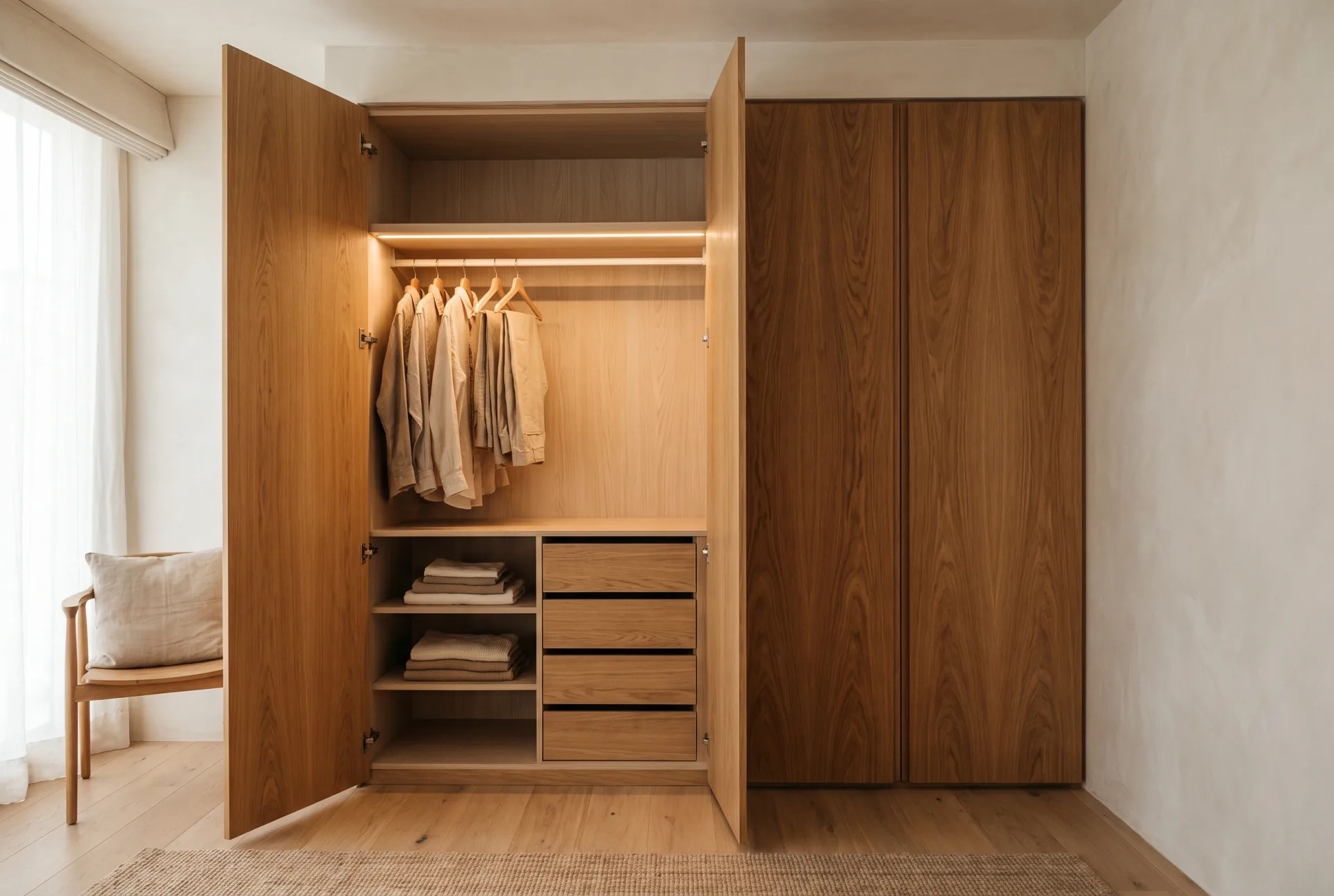 Open built-in wardrobe visualization showing shelves, hanging rail and drawer sections
