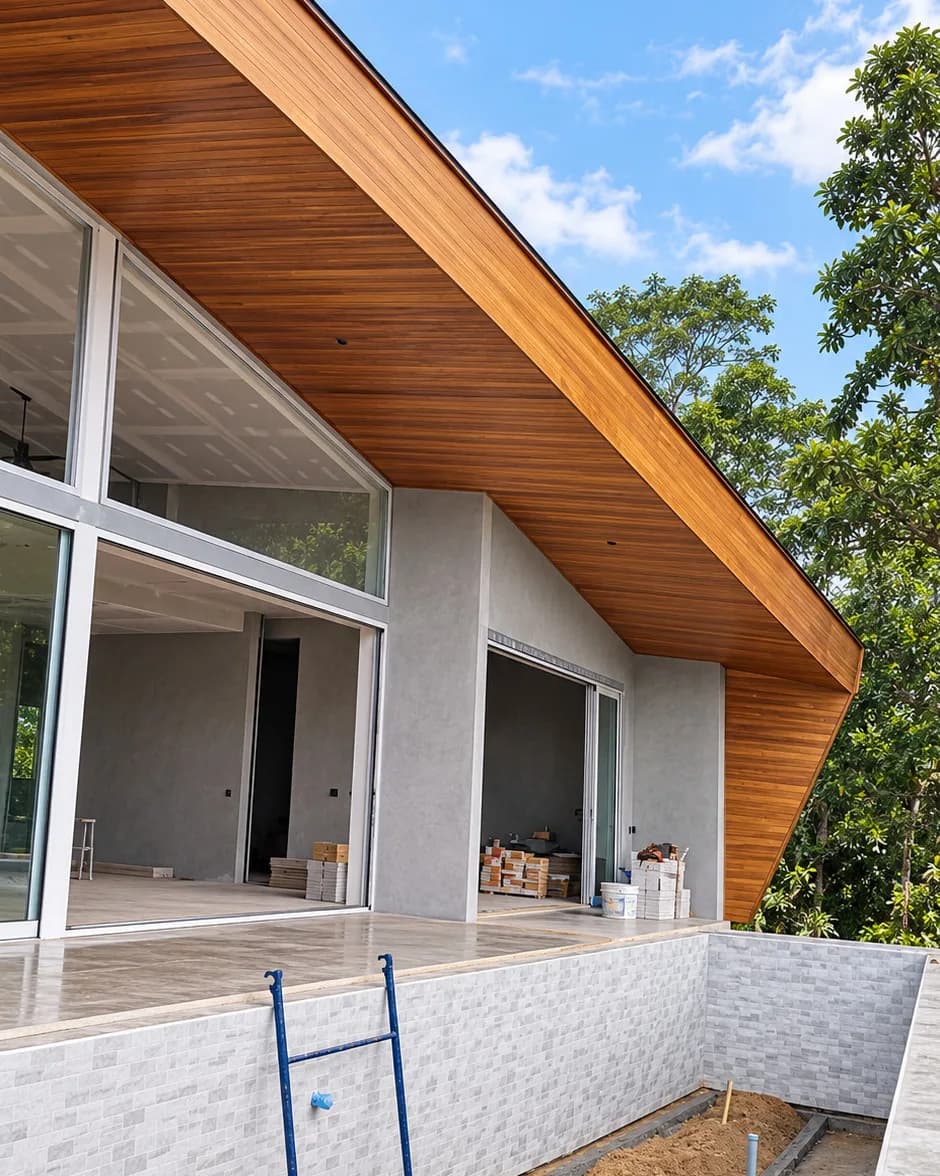 Angled roofline soffit fully lined in teak boards, seen from outside