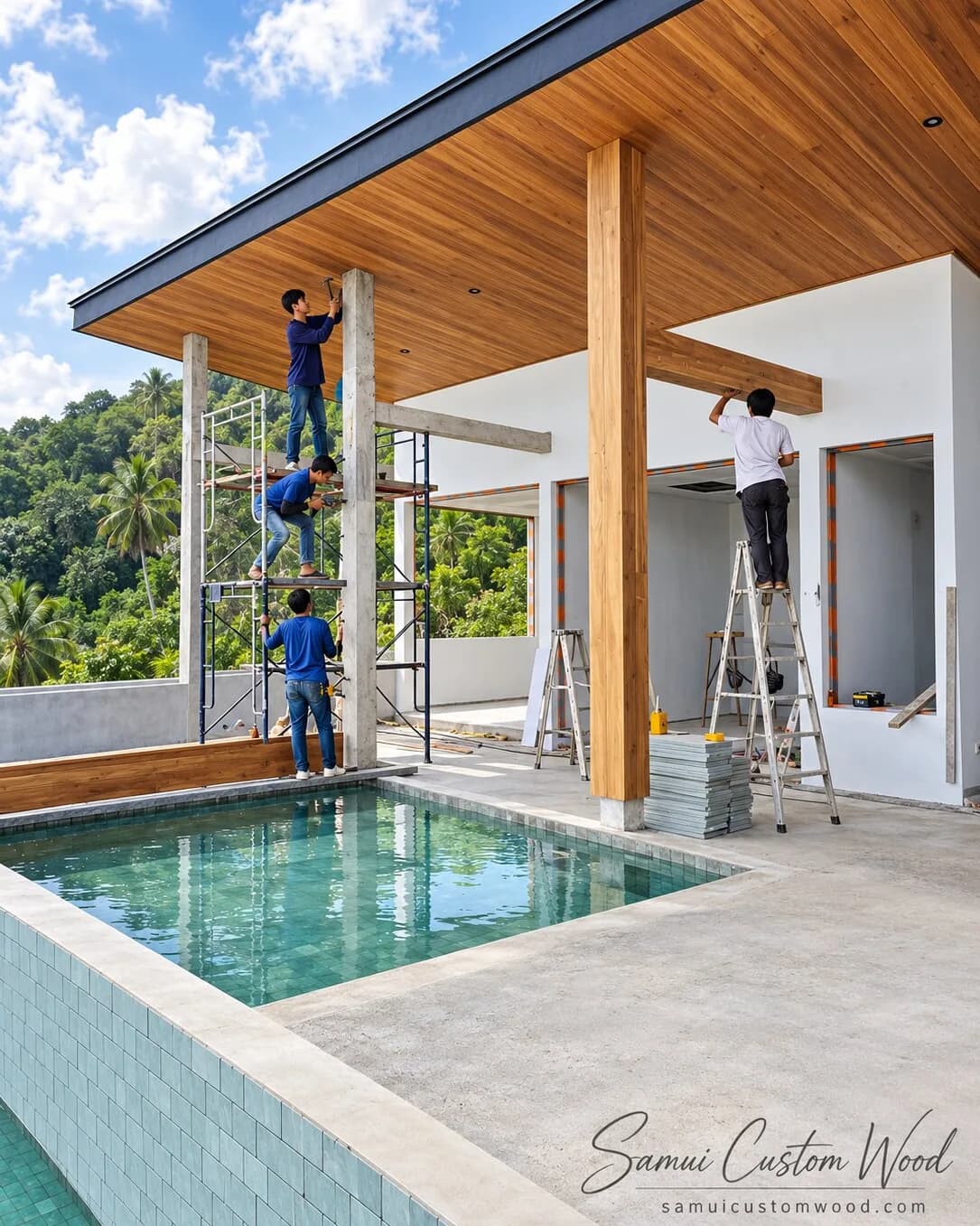 Crew on scaffolding fitting a timber soffit over a villa pool terrace