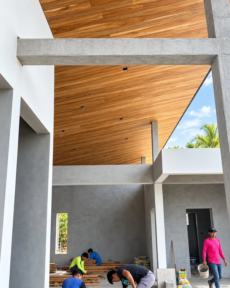 Double-height hall with teak plank ceiling, carpenters sorting boards below