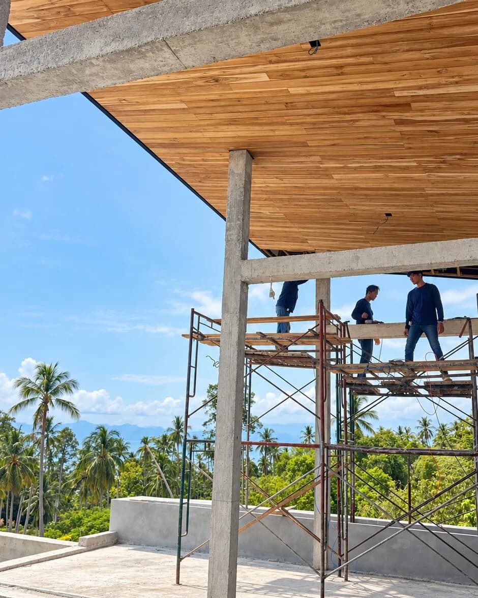 Teak plank ceiling over an outdoor terrace, crew working from scaffolding
