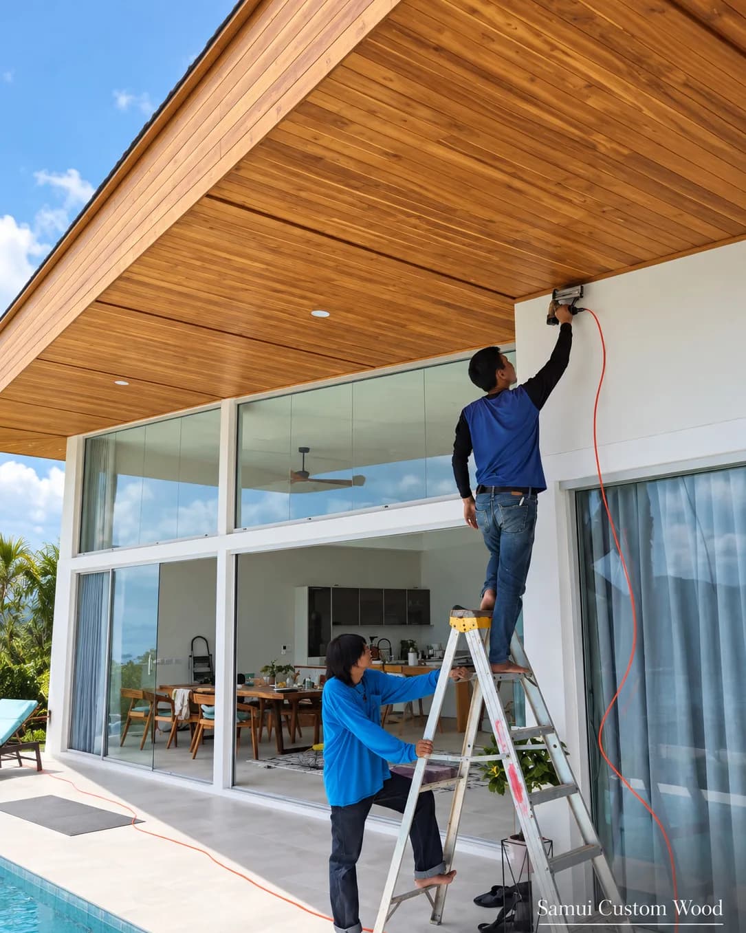 Two carpenters on a ladder nailing teak soffit boards above a pool terrace
