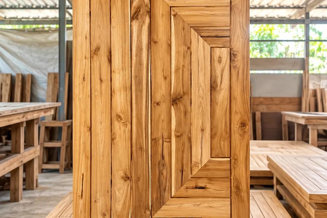 Layered solid teak door standing in the workshop among benches and stacked timber