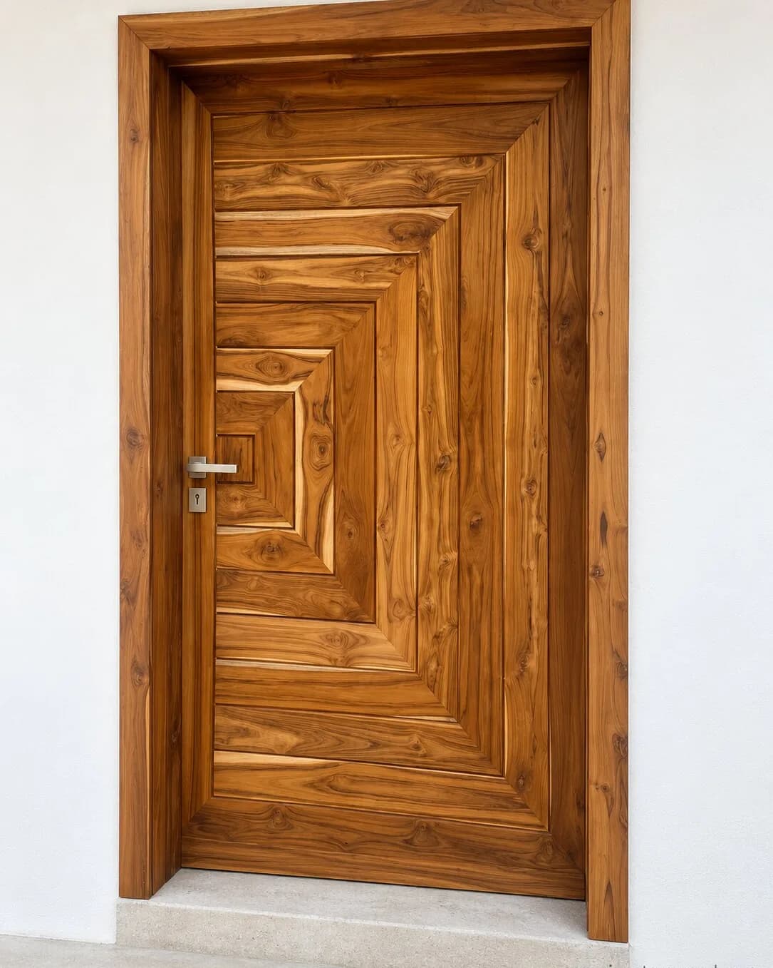 Teak door with concentric rectangular pattern and lever handle in a solid frame