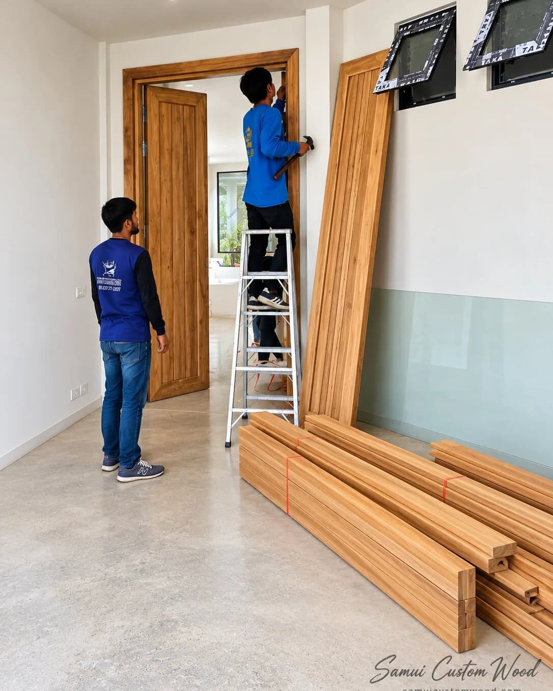 Carpenters fitting a solid teak door frame with slatted leaves waiting beside them