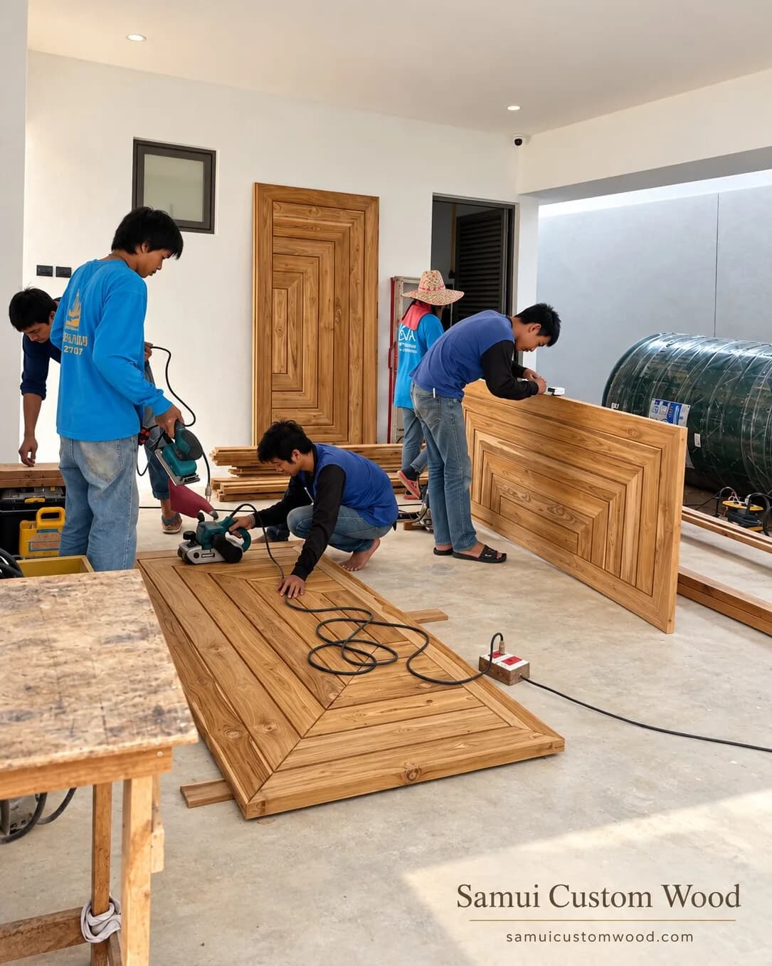 Carpenters sanding layered teak door leaves on trestles in an open workshop