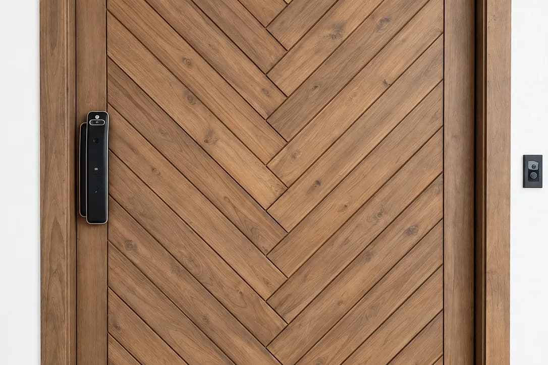 Herringbone-pattern teak entrance door with a black smart lock in a teak frame