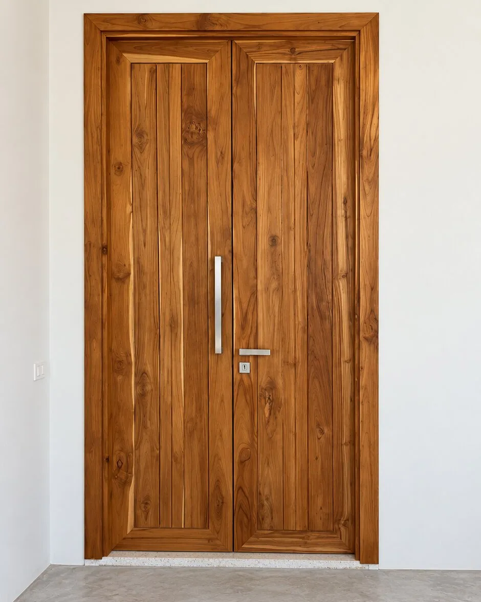 Full-height teak double doors with vertical planks and a long steel pull