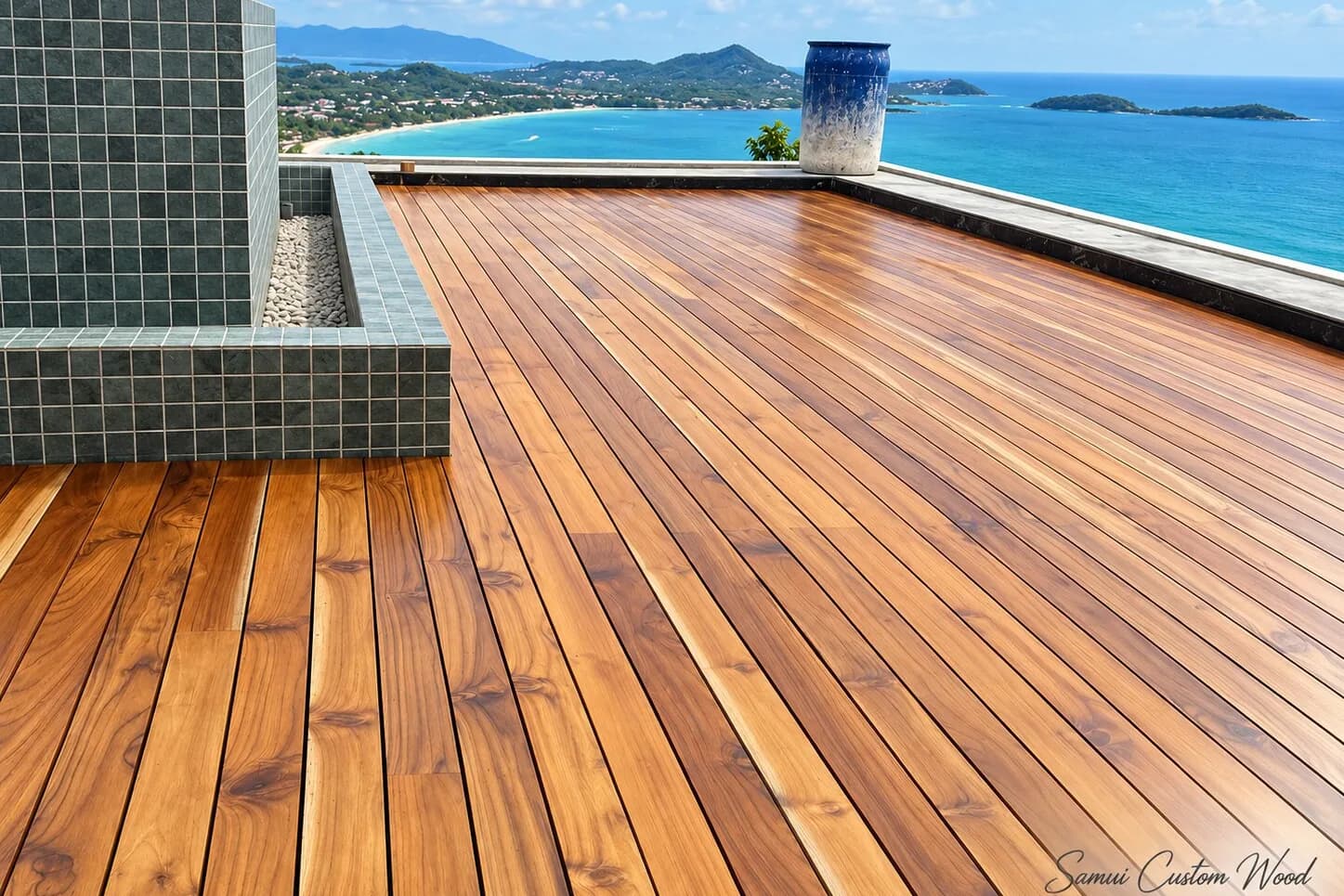 Rooftop teak deck overlooking the sea and a curved bay below