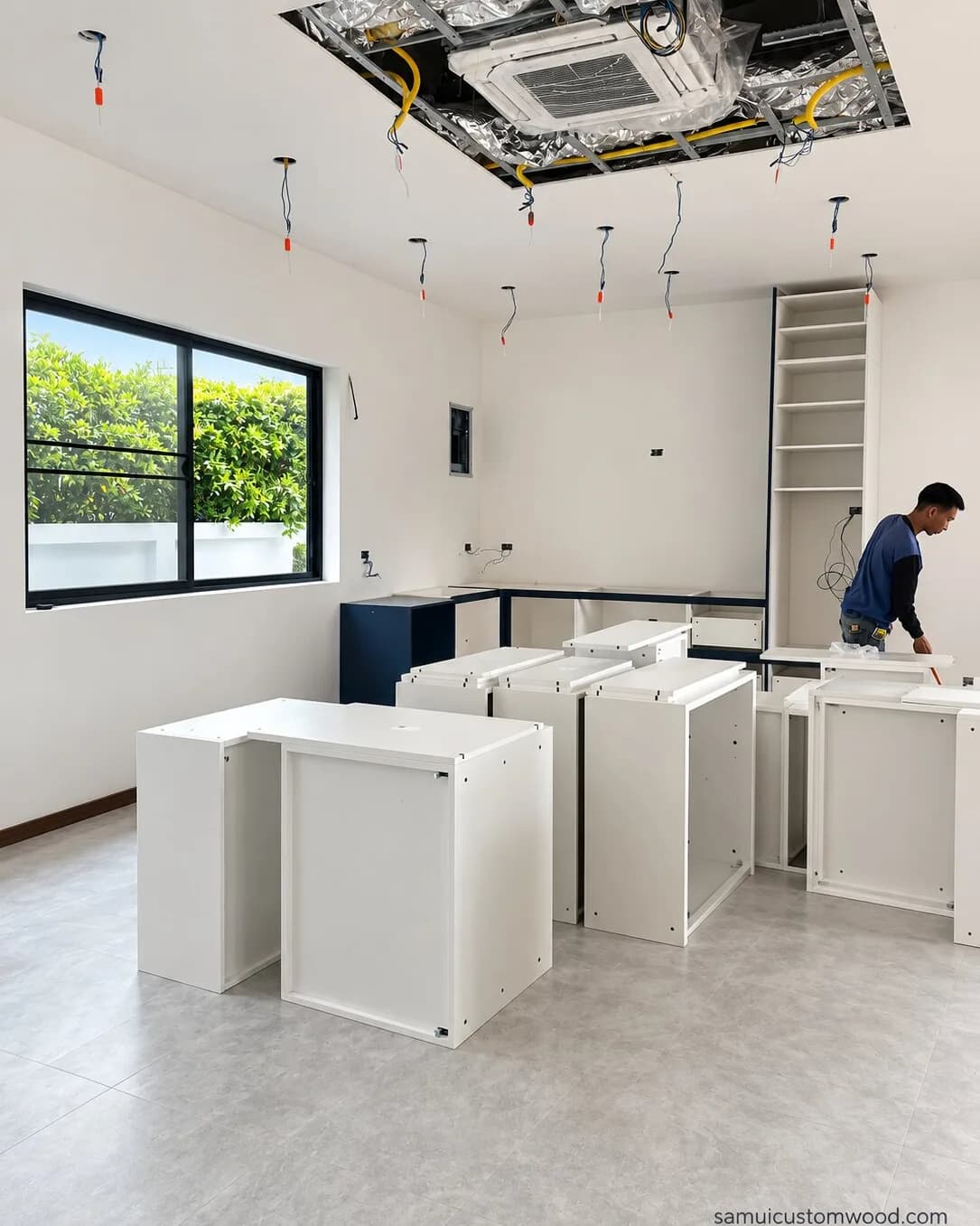 Carpenter assembling white cabinet boxes in a room with open ceiling works