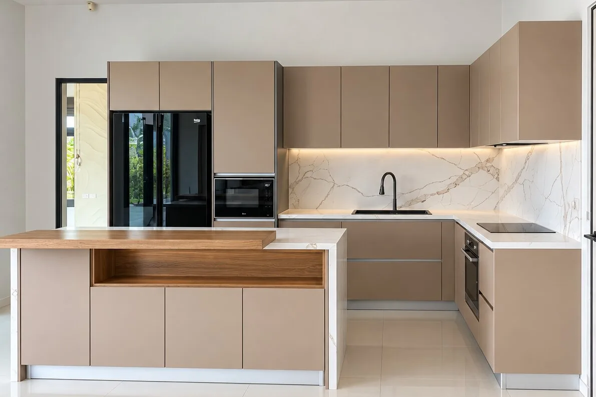 Custom kitchen with taupe matte cabinetry, stone splashback and wood-topped island