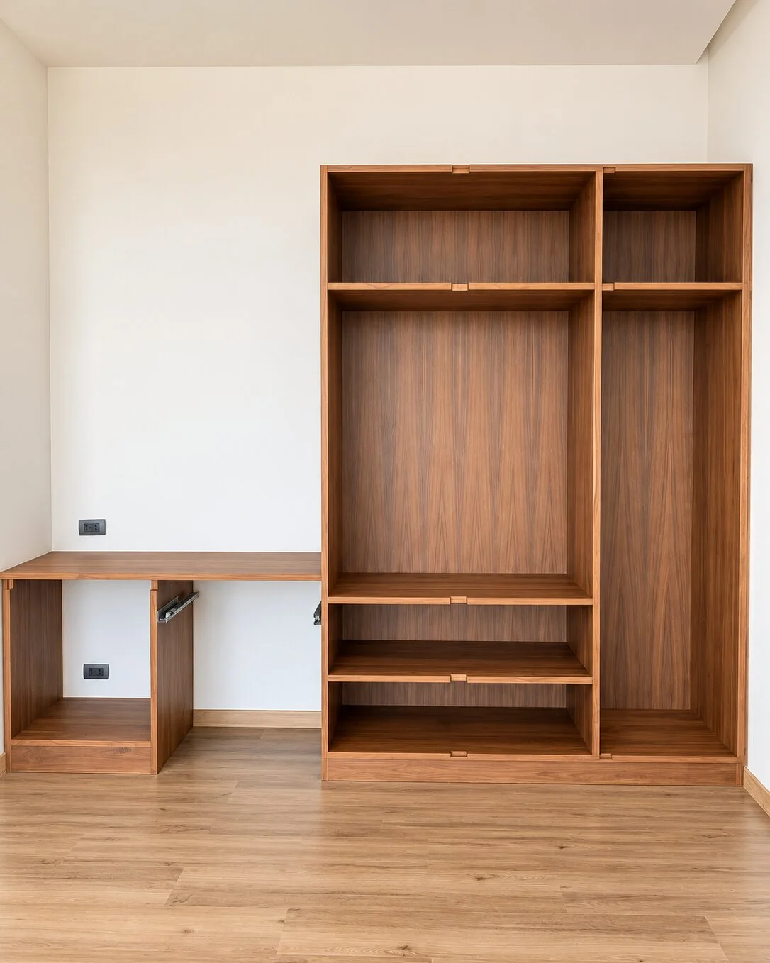 Built-in wardrobe carcass and desk return during installation