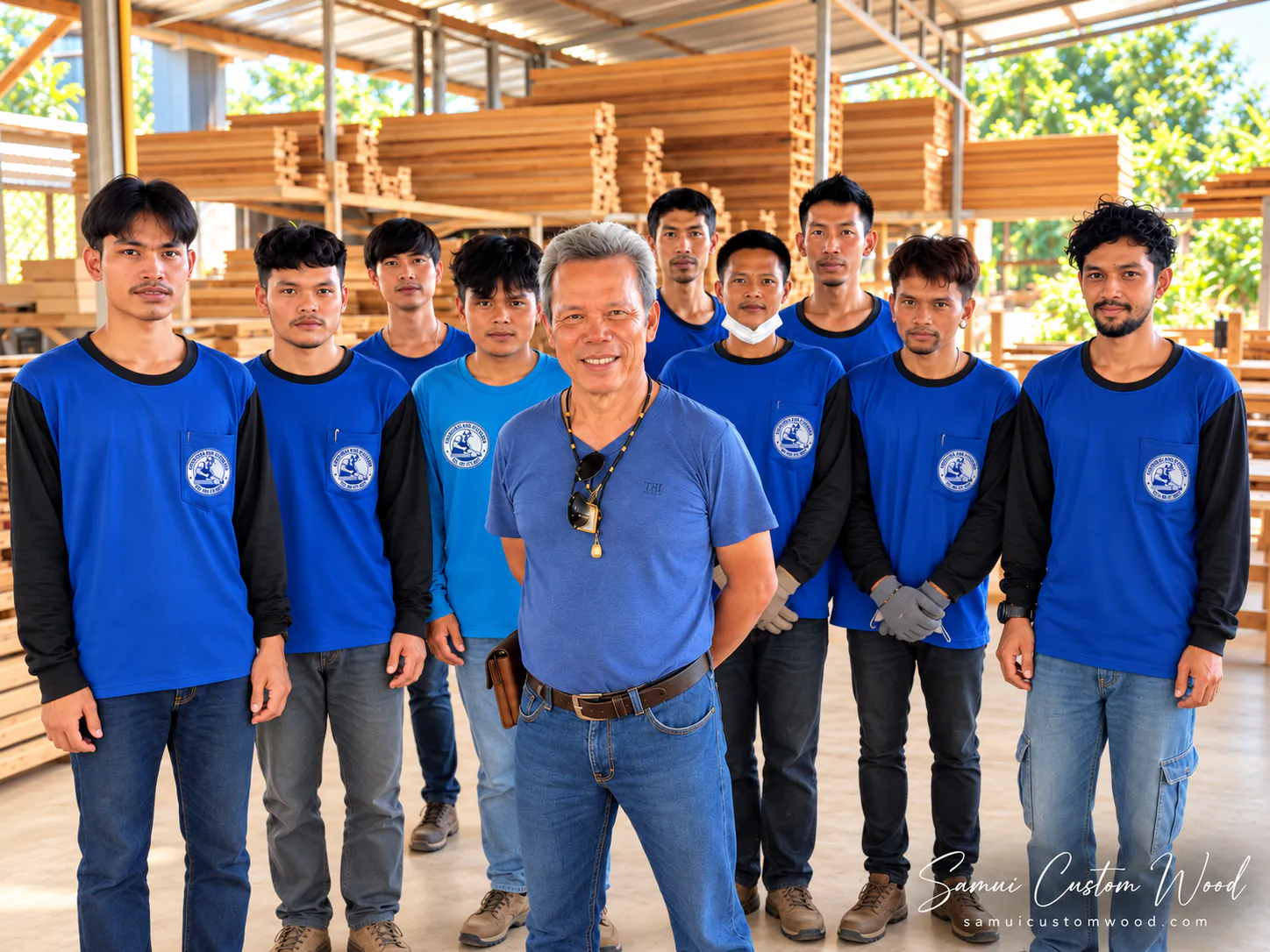 ทีมช่างของโรงงานในเสื้อทีมสีน้ำเงิน ยืนถ่ายภาพร่วมกันในลานไม้ มีไม้แปรรูปกองเรียงอยู่ด้านหลัง